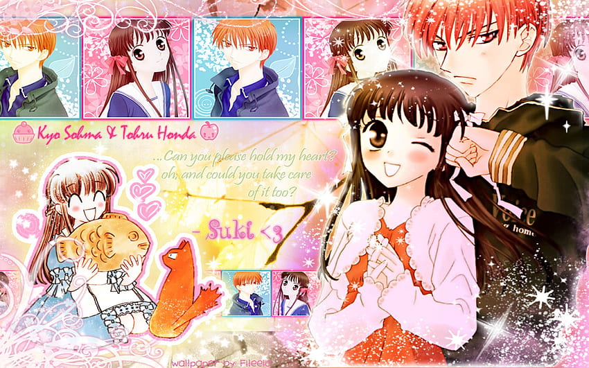 kyo and tohru, kyo, anime hugs, anime couple, cat, tohru HD wallpaper