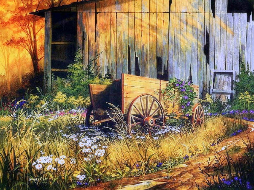 Abandoned Beauty, love four seasons, wagon, colors, farms, draw and paint, flowers, paintings, lovely still life HD wallpaper