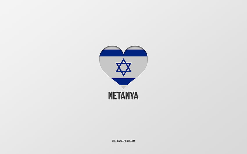 I Love Netanya, 이스라엘 도시, Netanya Day, 회색 배경, Netanya, 이스라엘, 이스라엘 국기 하트, 좋아하는 도시, Love Netanya HD 월페이퍼
