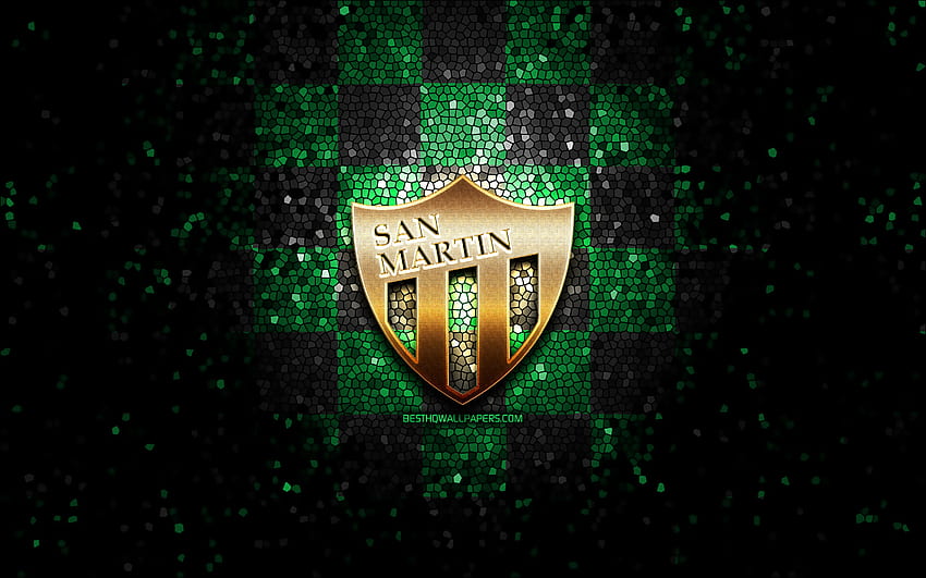 CA San Martin, parıltılı logo, Primera Nacional, yeşil siyah damalı arka plan, futbol, ​​Arjantin Futbol Kulübü, CA San Martin logosu, San Martin SJ, mozaik sanatı, San Martin FC, Club Atletico San Martin HD duvar kağıdı