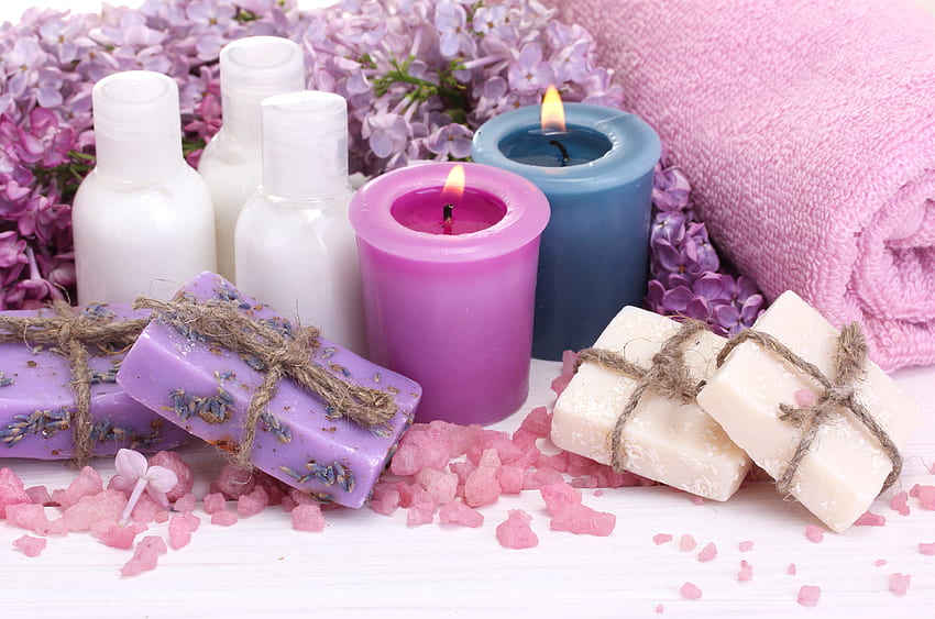 spa lilla, sapone, olio, candele, spa Sfondo HD