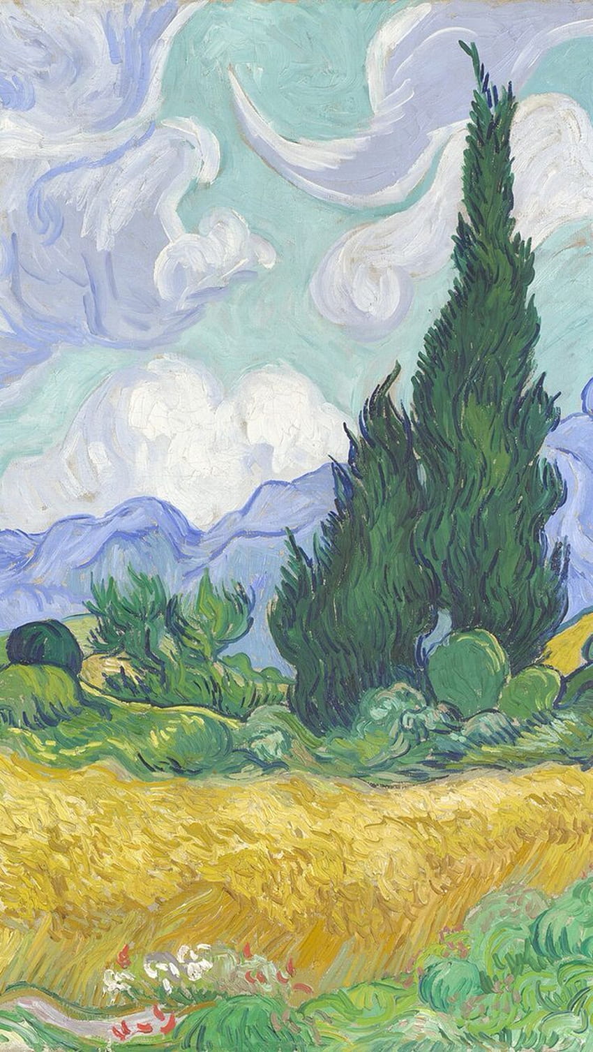 Campo de trigo con cipreses de Vincent van Gogh / más pinturas de Van Gogh para iPhone vía - - . Van gogh, Pintura, Pintura de arte, Pinturas famosas fondo de pantalla del teléfono