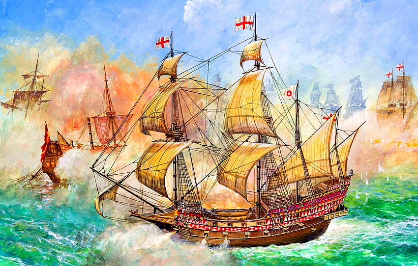 Galleon, HMS Revenge, 46 cannon, Francis Drake, Naval battle for , section арт HD wallpaper