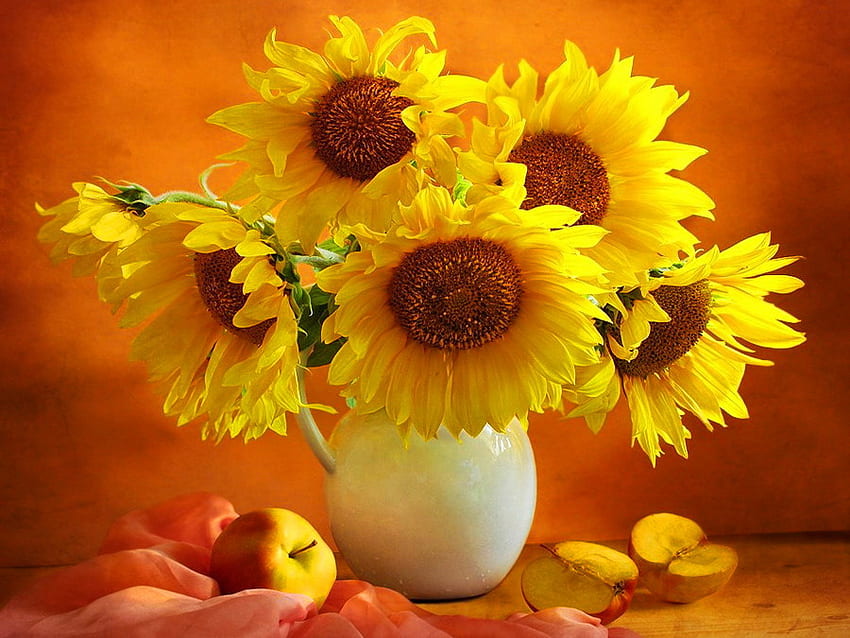 Натюрморт, слънчогледи, красиви, ваза, красиви, цветя, прекрасни, хубави HD тапет