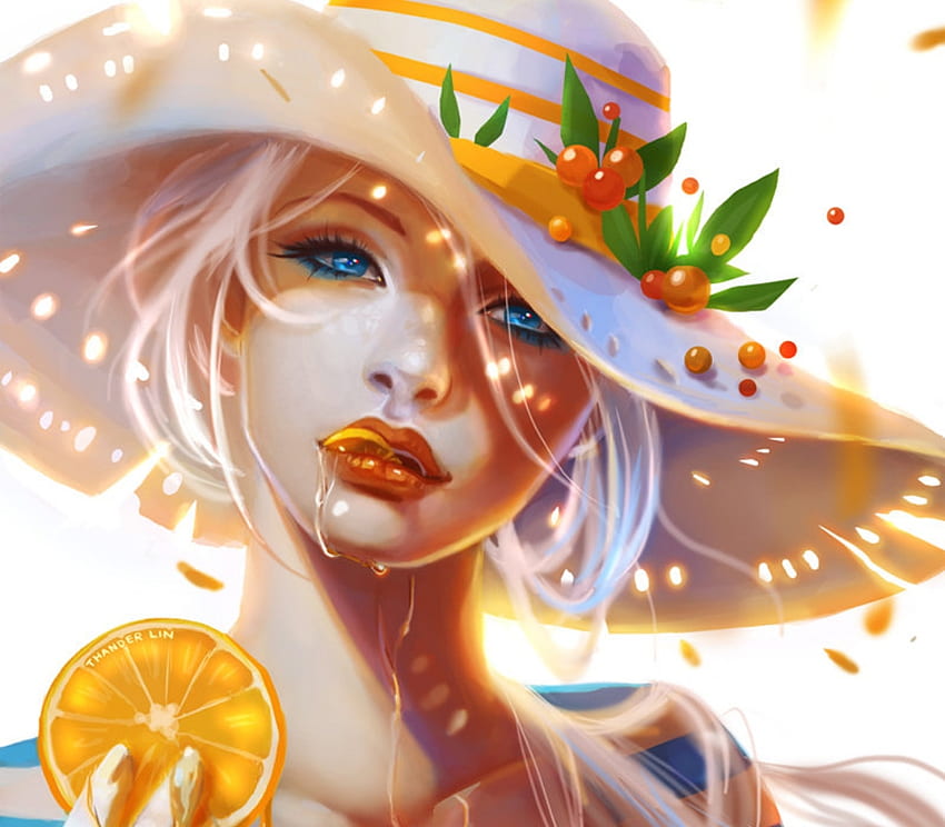 ฤดูร้อน Citrus ศิลปะ หญิงสาว สุดท้าย ฤดูร้อน thander lin ส้ม แฟนตาซี มะนาว สีเหลือง lastart ใบหน้า ผลไม้ vara หมวก las t วอลล์เปเปอร์ HD