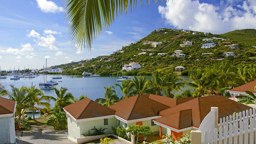 piękny port karaibski, wzgórza, łodzie, chmury, drzewa, port, wioska Tapeta HD