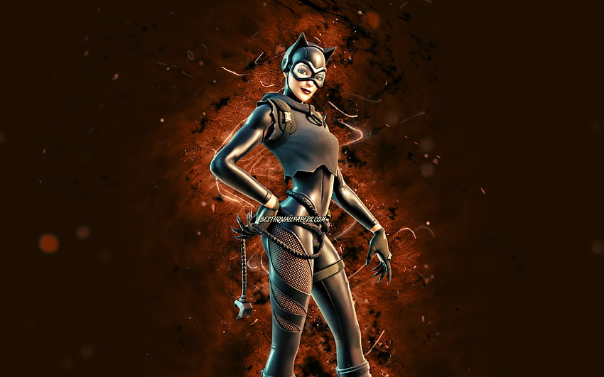 Catwoman Zero, luzes neon marrons, Fortnite Battle Royale, Personagens Fortnite, Catwoman Zero Skin, Fortnite, Catwoman Zero Fortnite papel de parede HD