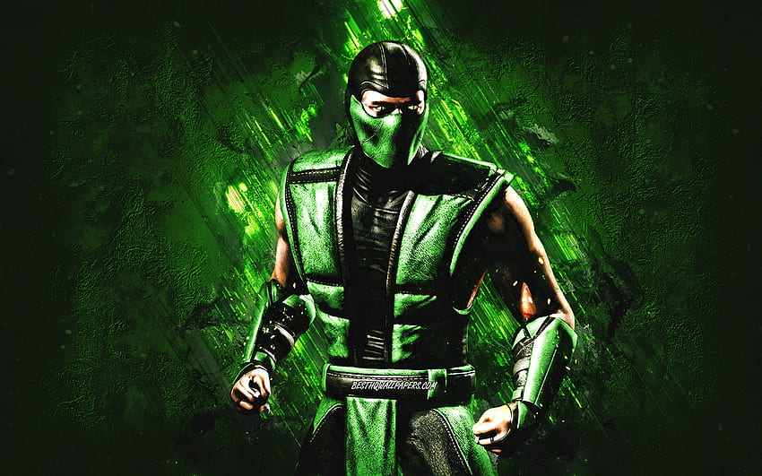 Reptile, Mortal Kombat, zielone kamienne tło, Mortal Kombat 11, Reptile grunge art, Postacie z Mortal Kombat, Postać gadów Tapeta HD