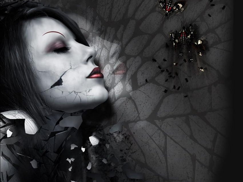Cracked, mirror, cracks, face, goth, woman HD wallpaper