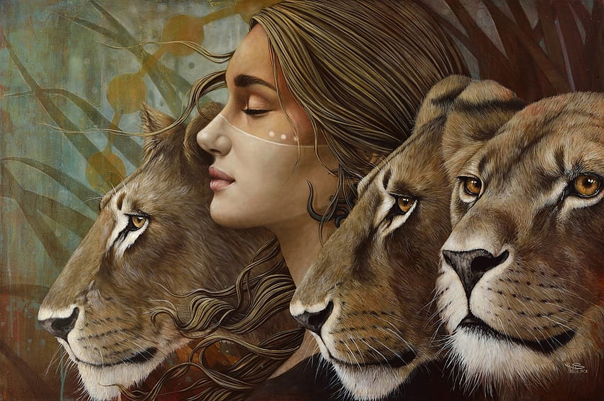 :), fantasy, art, sophie wilkins, face, lion, lioness, animal, leu, girl, painting, pictura HD wallpaper