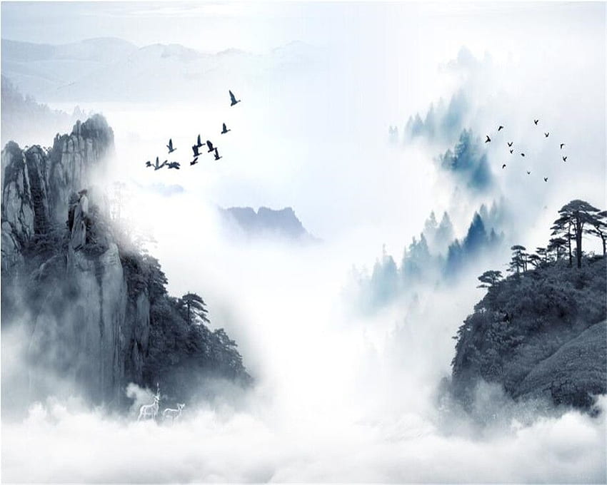 Beibehang ของตกแต่งบ้านสมัยใหม่ หมึกจีน 3 มิติ วาดภูเขาจีน วอลล์เปเปอร์ HD