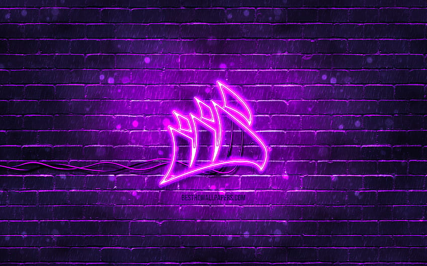 Corsair violet logo, , violeta brickwall, Corsair logo, marcas, Corsair neon logo, Corsair papel de parede HD