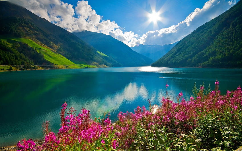 nature, Landscape, Mountain, River, Sun, Clouds, Pink, Austria Landscape HD wallpaper