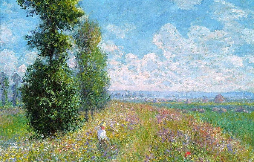 field, the sky, grass, clouds, trees, landscape, flowers, , meadow, Claude Monet, MOP for , section живопись -, Monet Paintings HD wallpaper