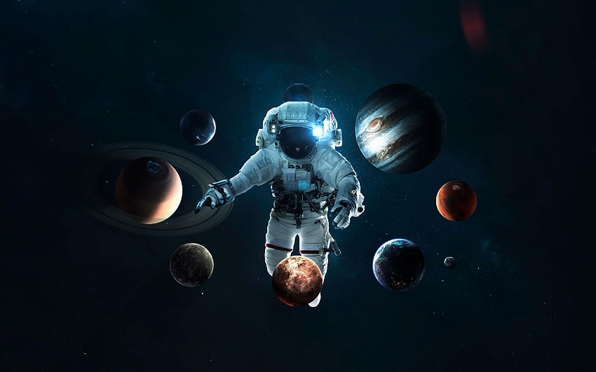 Astronauta, sistema planetario, traje espacial, viaje espacial, espacio, astronauta fondo de pantalla