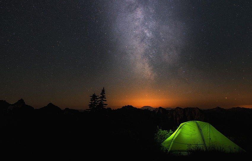 stars, sunset, green, beauty, Mountains, tent for , section природа, Camping Sunset HD wallpaper