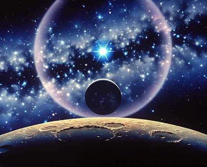 ทางช้างเผือก สีฟ้า ดวงดาว ดาวเคราะห์ ดวงจันทร์ วอลล์เปเปอร์ HD