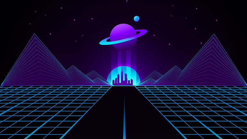 Synthwave, planet and city, retro wave, digital art HD wallpaper