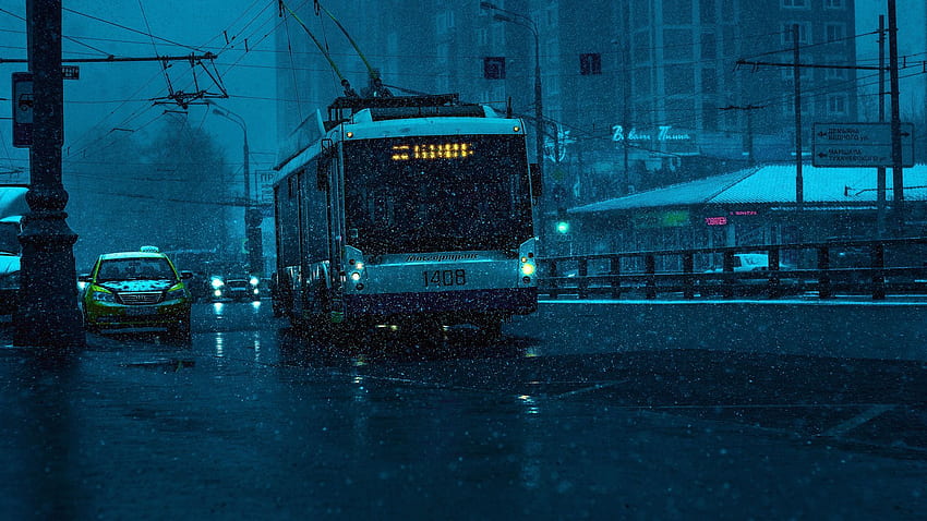 Autobús y coche gris mientras llueve en la ciudad fondo de pantalla