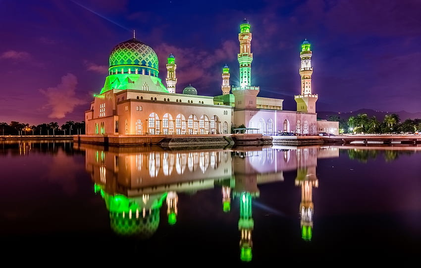 light, night, the city, reflection, mosque, Kota Kinabalu, Kota Kinabalu for , section город HD wallpaper