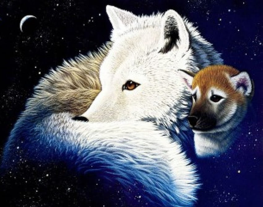 Protective Mother, puppy, wolf mother, fantasy, nature, wolf, wolf pup HD wallpaper