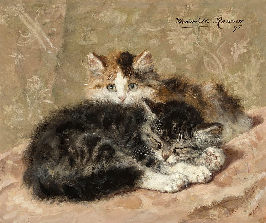 Kittens, pisica, animal, painting, art, pictura, henriette ronner knip, couple, sleep HD wallpaper