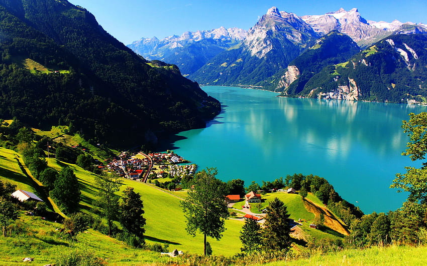 Suiza, , Alpes suizos, Lago de montaña, Verano - fondo de pantalla