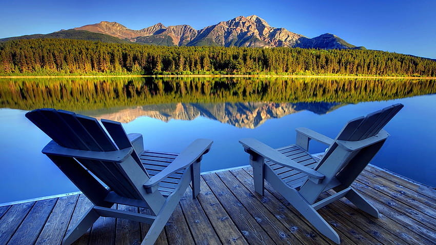 CHAIRS for TWO, chairs, reflection, view, relax, forest, lake HD wallpaper