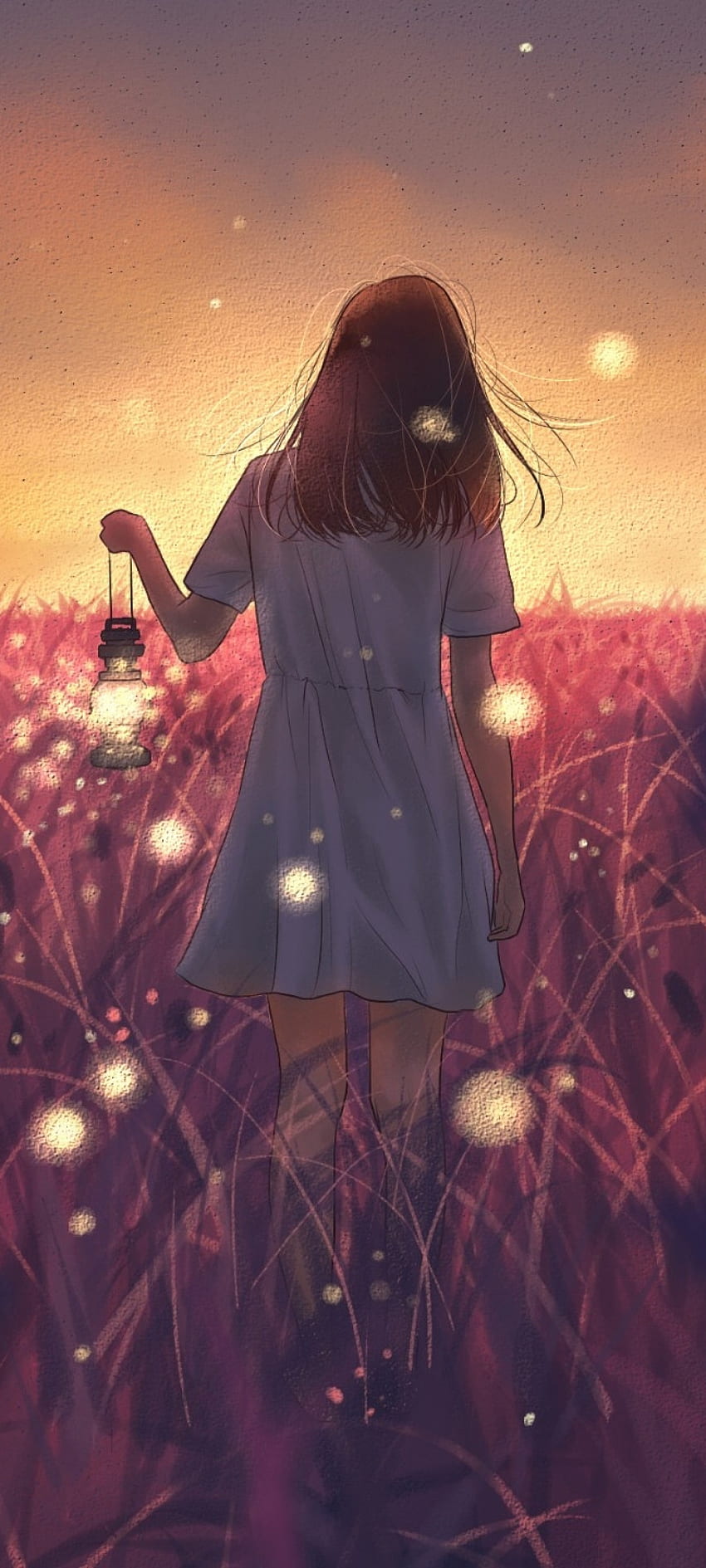 Anime Landscape, Field, Anime Girl, Back View, Dress, Fireflies, Sunset, Lantern for Samsung Galaxy S20 Ultra, Samsung Galaxy SPlus, Samsung Galaxy S20, 1440x3200 Anime HD phone wallpaper