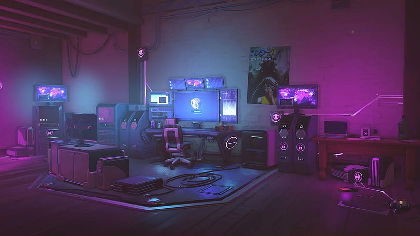 Camera da letto futuristica, sala giochi, sala cyberpunk, sala giochi anime Sfondo HD