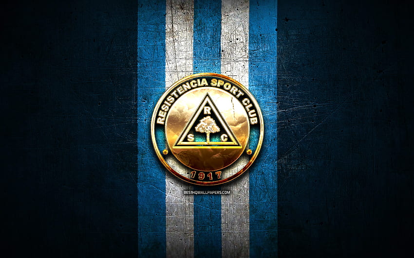 レシステンシア FC、ゴールデン ロゴ、パラグアイ プリメーラ ディビジョン、青い金属の背景、サッカー、ベネズエラ サッカー クラブ、レシステンシア SC ロゴ、サッカー、ベネズエラ プリメーラ ディビジョン、レシステンシア SC 高画質の壁紙