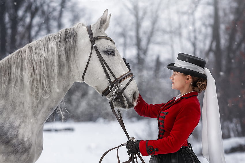 horse and Lady, winter, horse, lady, hat HD wallpaper