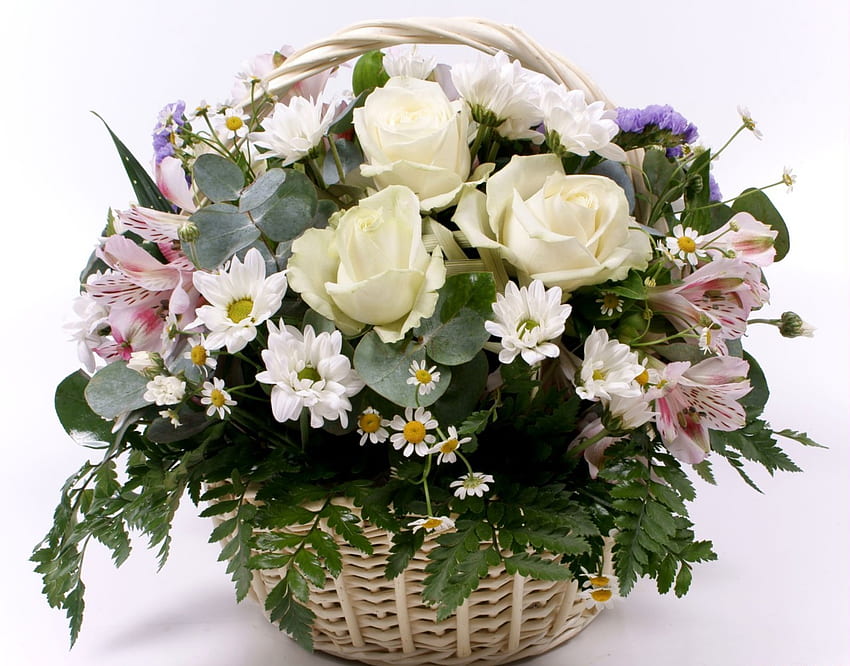 Frühlingskorb, Blumenstrauß, Rosen, Farben, Frühling, Schönheit, Korb, weiße Rosen, Gänseblümchen, hell, Blumen HD-Hintergrundbild