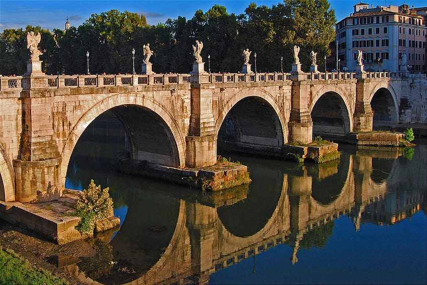 Ponte San Angelo, azul, arquitectura, italia, hermoso, roma, reflejo, cielo, puentes, agua, lugares fondo de pantalla