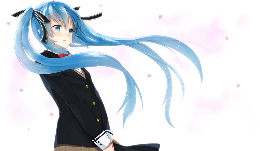 Hatsune Miku, yeux bleus, rubans, cheveux bleus, fille, vocaloid, uniforme scolaire, fille animée, anime Fond d'écran HD