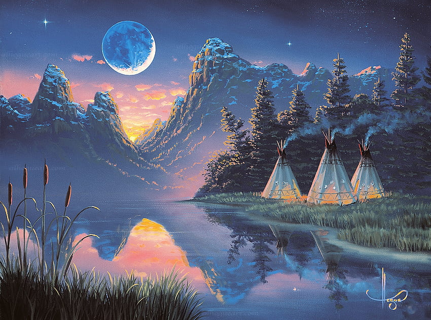 Summer's Evening, river, art, teepees, reflections, moon, smoke, trees, mountains, sunset HD wallpaper