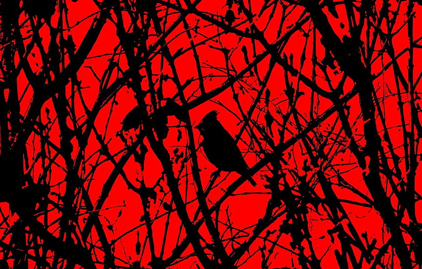 forest, horror, red and black, black bird HD wallpaper