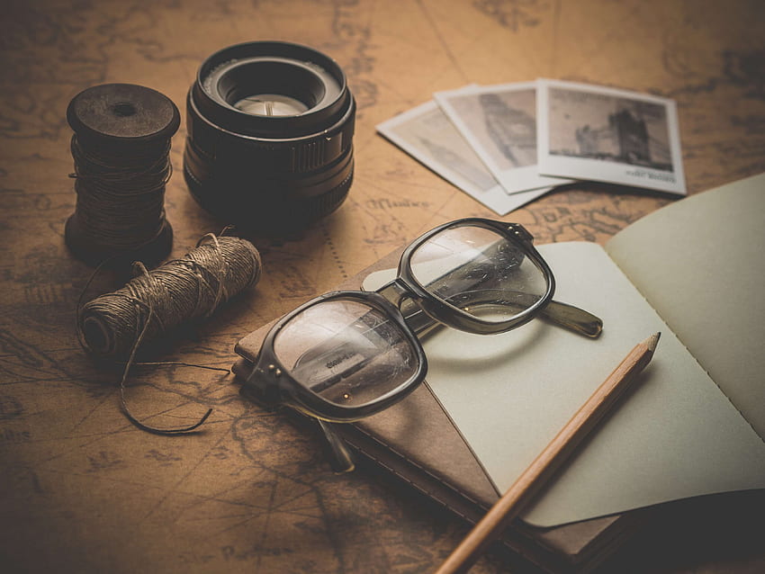 бюро, очила, карта, тетрадка, бележник, Travel Vintage графика HD тапет