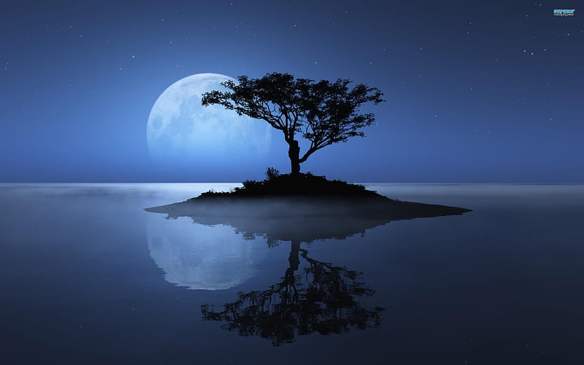 The blue moon . , Background, , Art. in 2020. Moon over water, Blue moon, Sky moon, Tree Water HD wallpaper