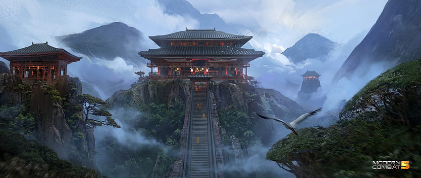 Tempio giapponese, uccello, fantasia, arte, pasare, mondo, alex ichim, luminos Sfondo HD