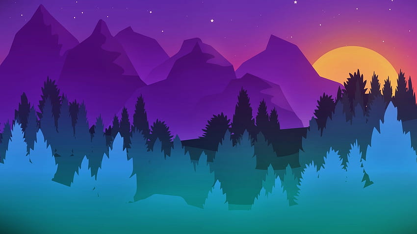 sunset, digital art, mountains and forest, dual wide, 16:9, , , background, 7317 HD wallpaper