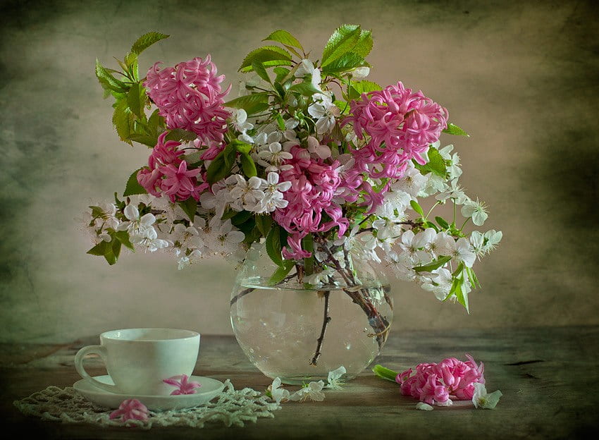 still life, bouquet, gentle, graphy, tea, lace, spring, hyacinths, nice, flower, coffee, glass, , white, vase, beautiful, fresh, pink, pretty, cool, flowers, lovely, hyacinth, harmony, porcelain, drink HD wallpaper