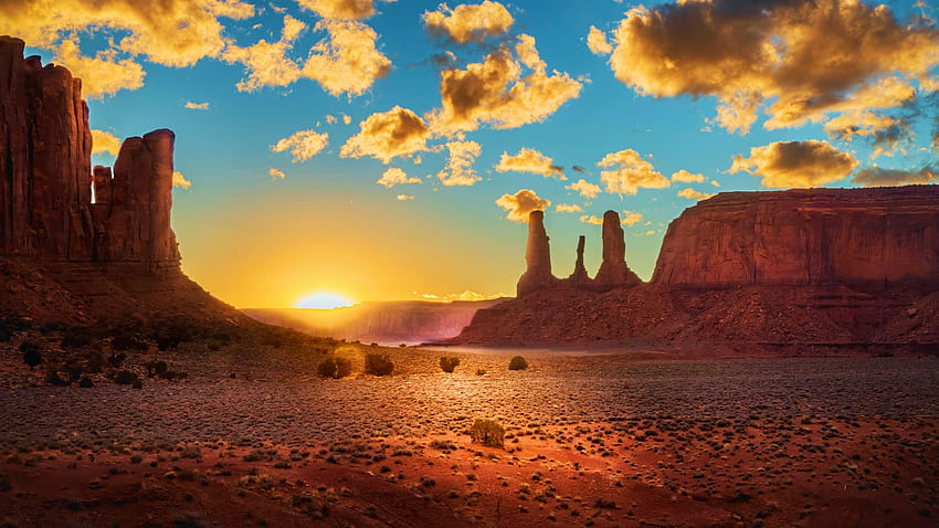 Monument Valley Sunset, Arizona, cielo, sole, rocce, nuvole, deserto, usa Sfondo HD