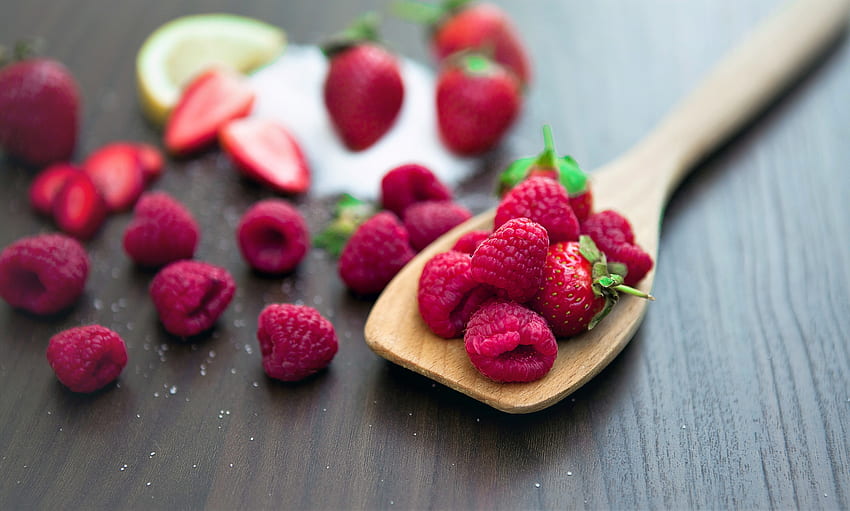 Makanan, Raspberry, Berries, Matang, Sendok Wallpaper HD