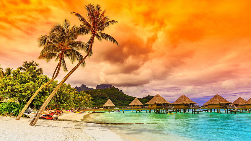 Sunset Tropical Sea Beach Bora Bora Bungalows In Water Pond Coconut Trees Red Sky Clouds For 3840х2160 HD wallpaper