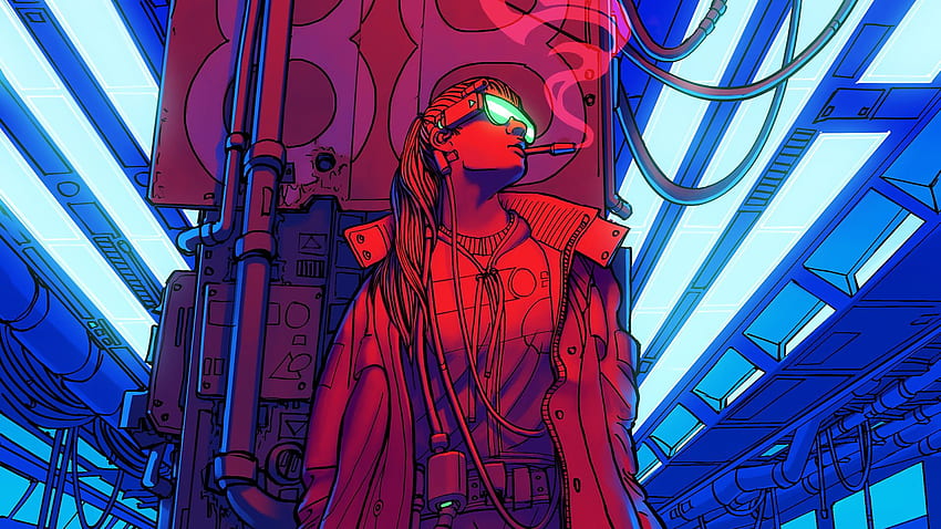 Camisa de cuadros rojos y azules, arte digital, ciencia ficción, cyberpunk fondo de pantalla