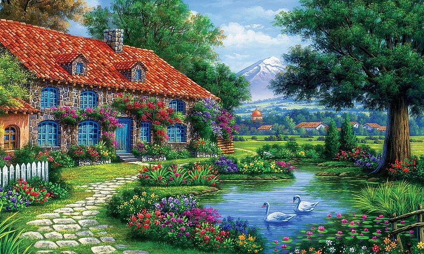 приказна градина, градинско езерце, градина, приказка, лебеди HD тапет