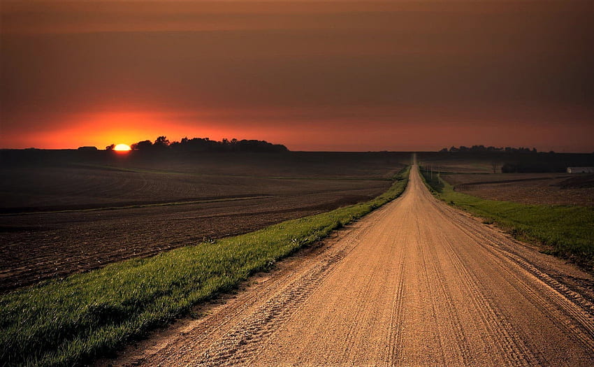 the long road to sunset, road, grass, sky, sunset HD wallpaper