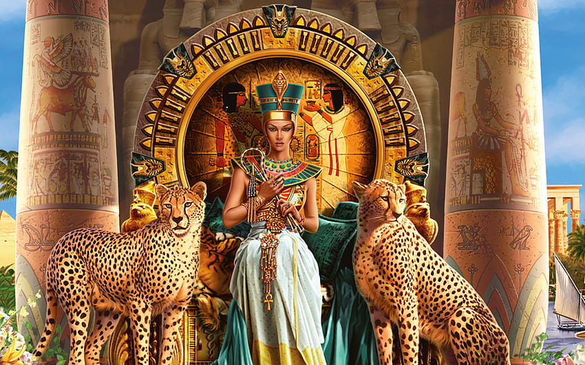 Cleopatra VII Philopator faraón Antiguo Egipto Dinastía Ptolemaica animales egipcios gatos guepardo trono color detalle joyería fondo de pantalla