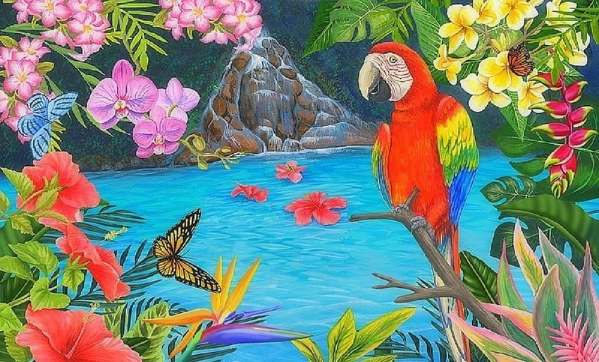 Tropical Pool and Parrot, birds, tropical, attractions in dreams, paintings, summer, butterflies, love four seasons, animals, nature, flowers, parrot HD wallpaper